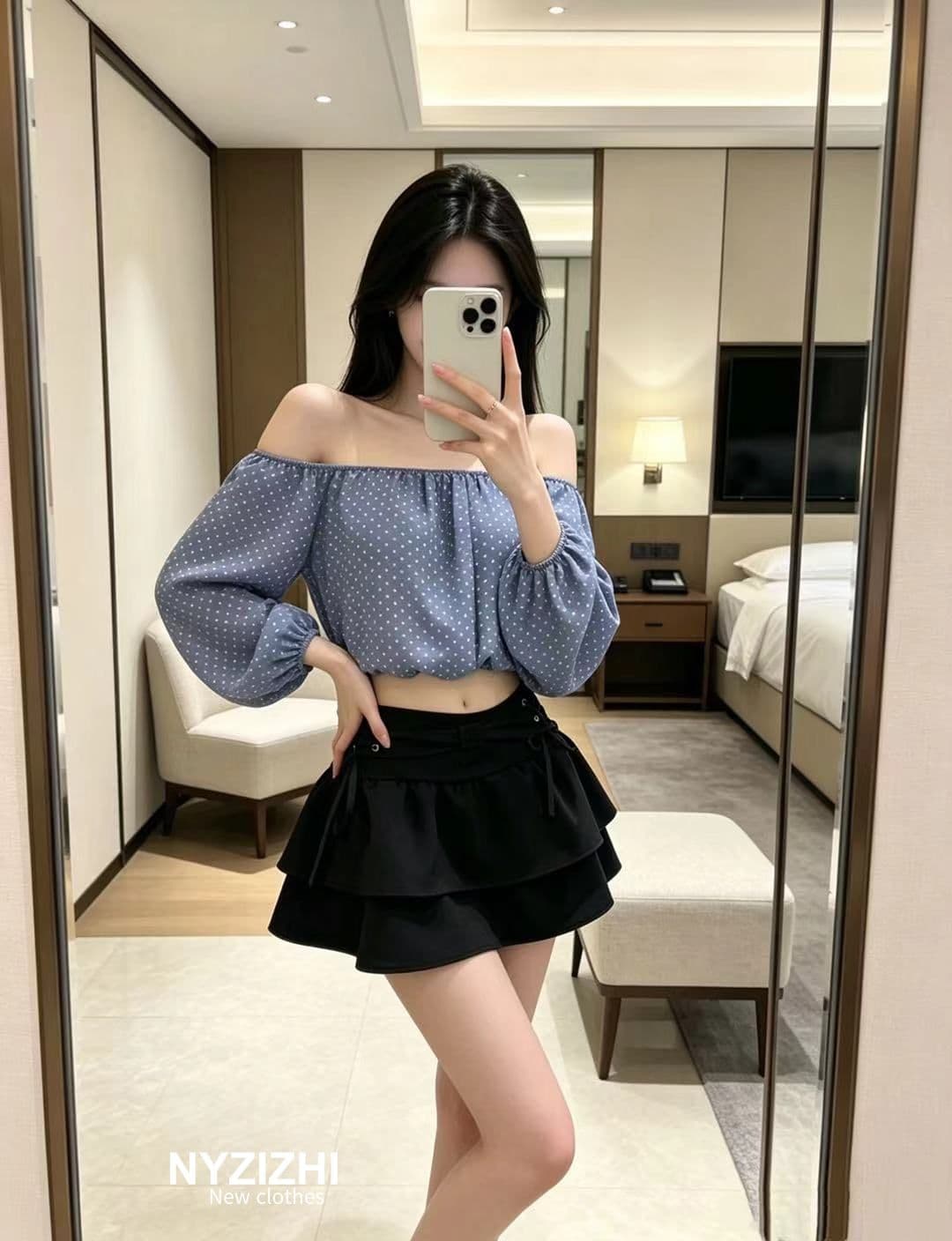 순수한 욕망 파란색 도트 무늬 오프숄더 긴팔 맨위 세트 여성 핫걸 스트랩 이중층 케이크 미니 스커트 투피스 세트 상세 이미지 3