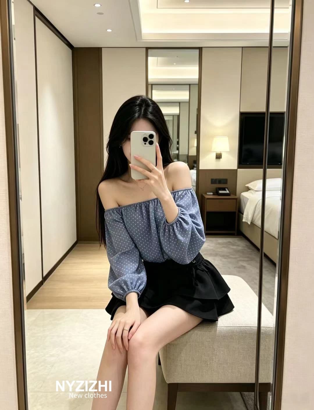 순수한 욕망 파란색 도트 무늬 오프숄더 긴팔 맨위 세트 여성 핫걸 스트랩 이중층 케이크 미니 스커트 투피스 세트 상세 이미지 4