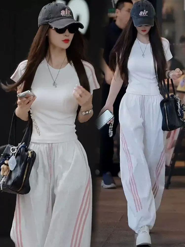 2026 패션 캐주얼 빅 사이즈 스포츠 슈트 여성 여름 새로운 몸매 가꾸기 슬림해 보이는 반팔 넓은 다리 모통이 칼 바지 투피스 세트 상세 이미지 3