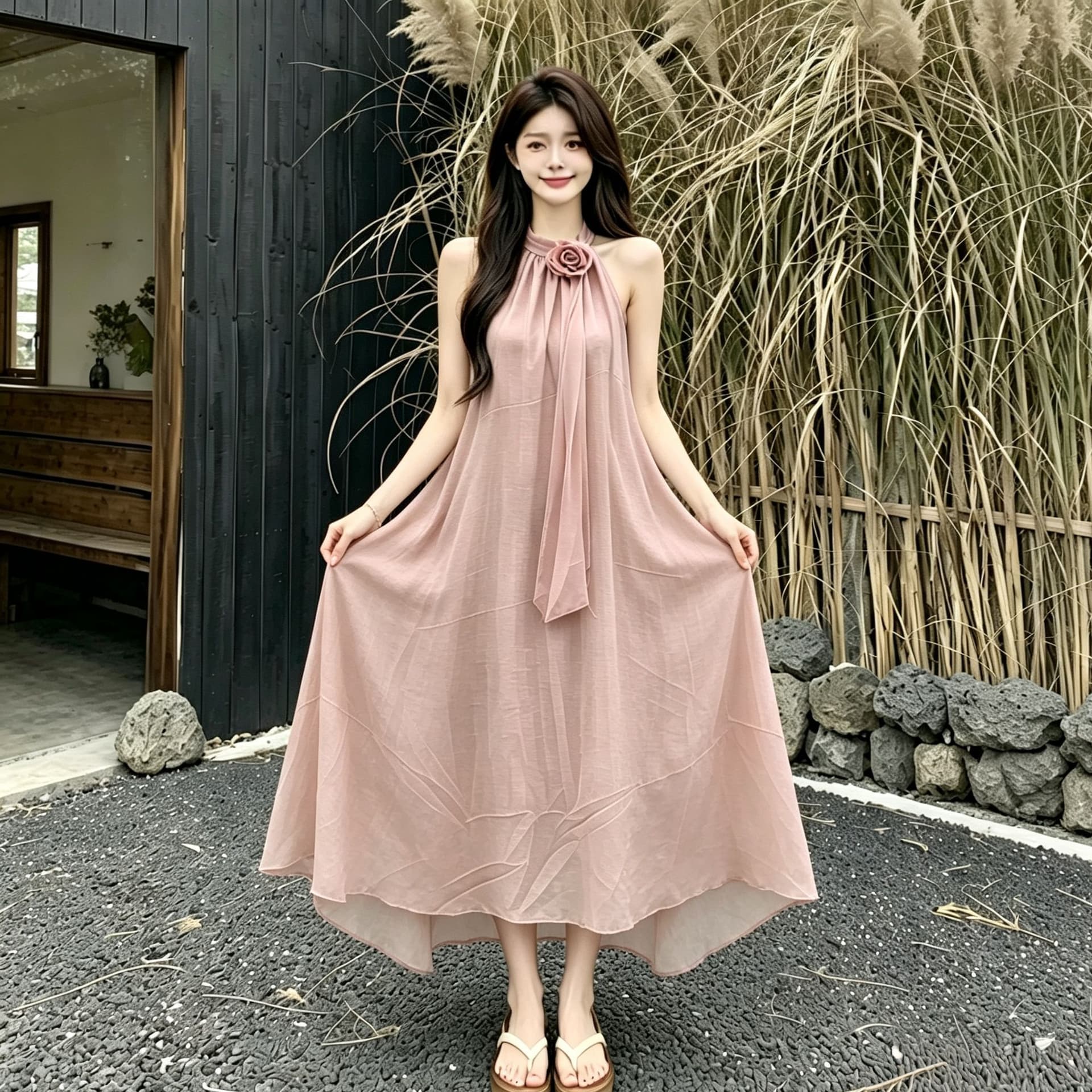 디자인 센스 루즈핏 꽃 행침 목 민소매 드레스 여름 부드러운 바람 프랑스식 오프숄더 치마 롱 스커트 상세 이미지 4