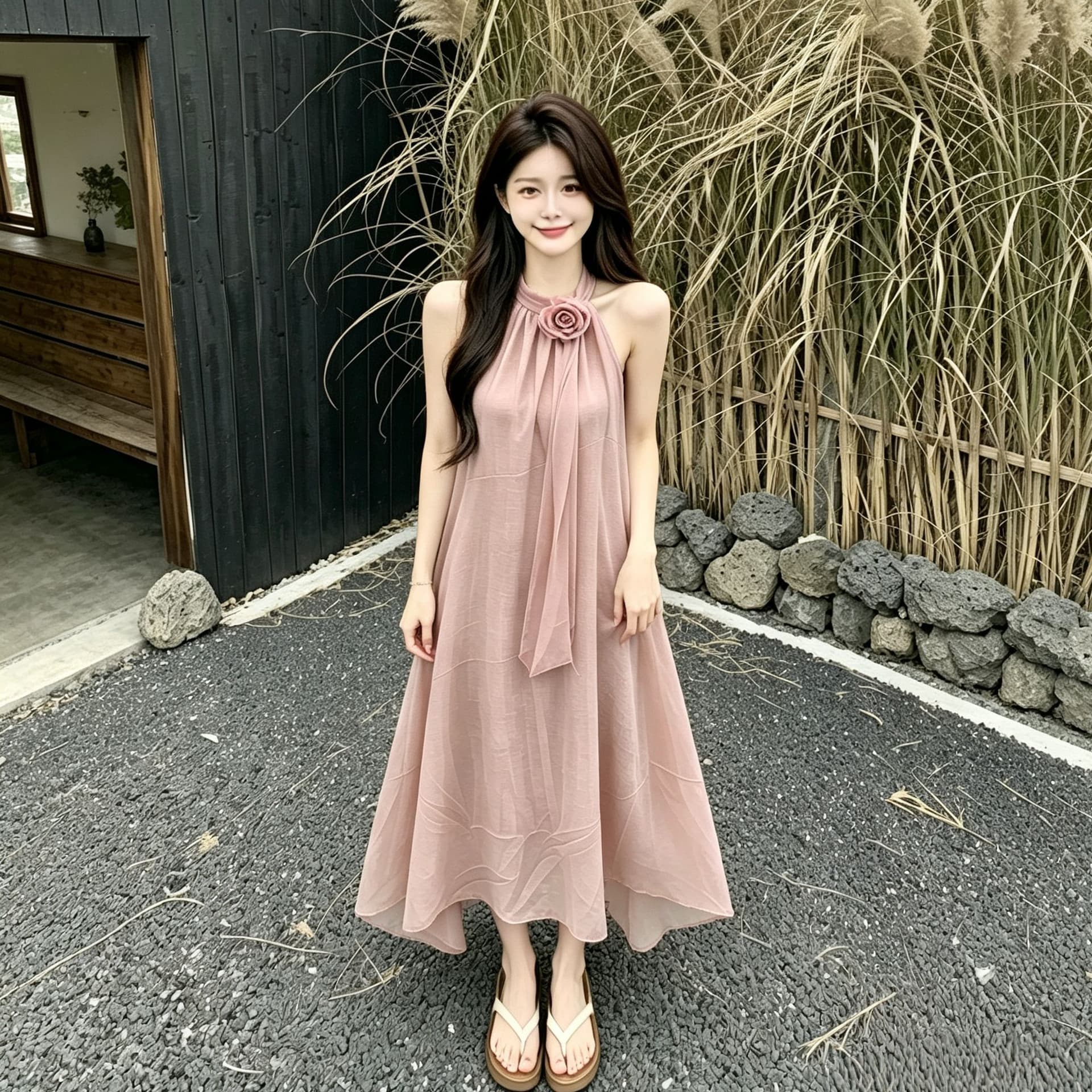 디자인 센스 루즈핏 꽃 행침 목 민소매 드레스 여름 부드러운 바람 프랑스식 오프숄더 치마 롱 스커트 상세 이미지 6