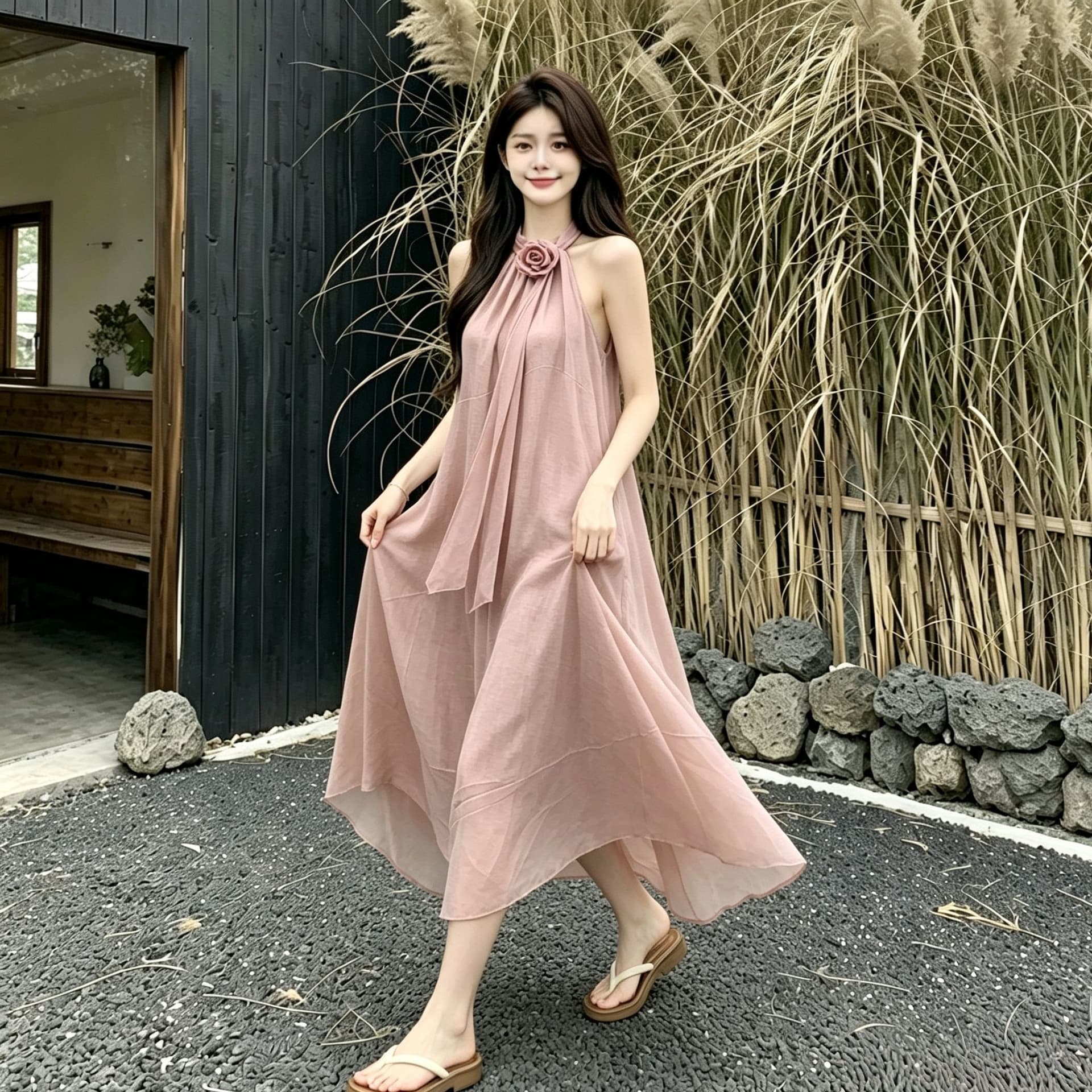 디자인 센스 루즈핏 꽃 행침 목 민소매 드레스 여름 부드러운 바람 프랑스식 오프숄더 치마 롱 스커트 상세 이미지 7