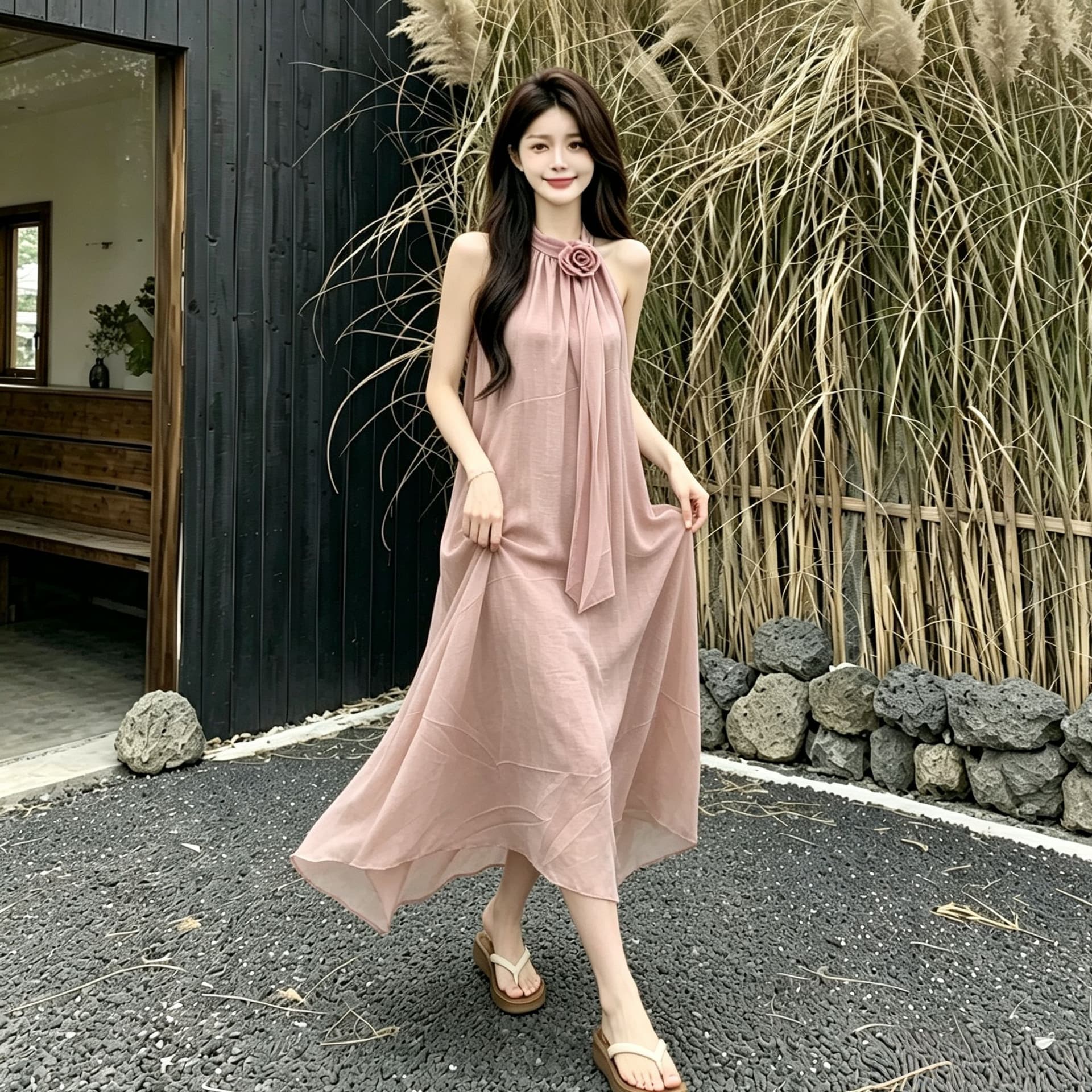 디자인 센스 루즈핏 꽃 행침 목 민소매 드레스 여름 부드러운 바람 프랑스식 오프숄더 치마 롱 스커트 상세 이미지 10