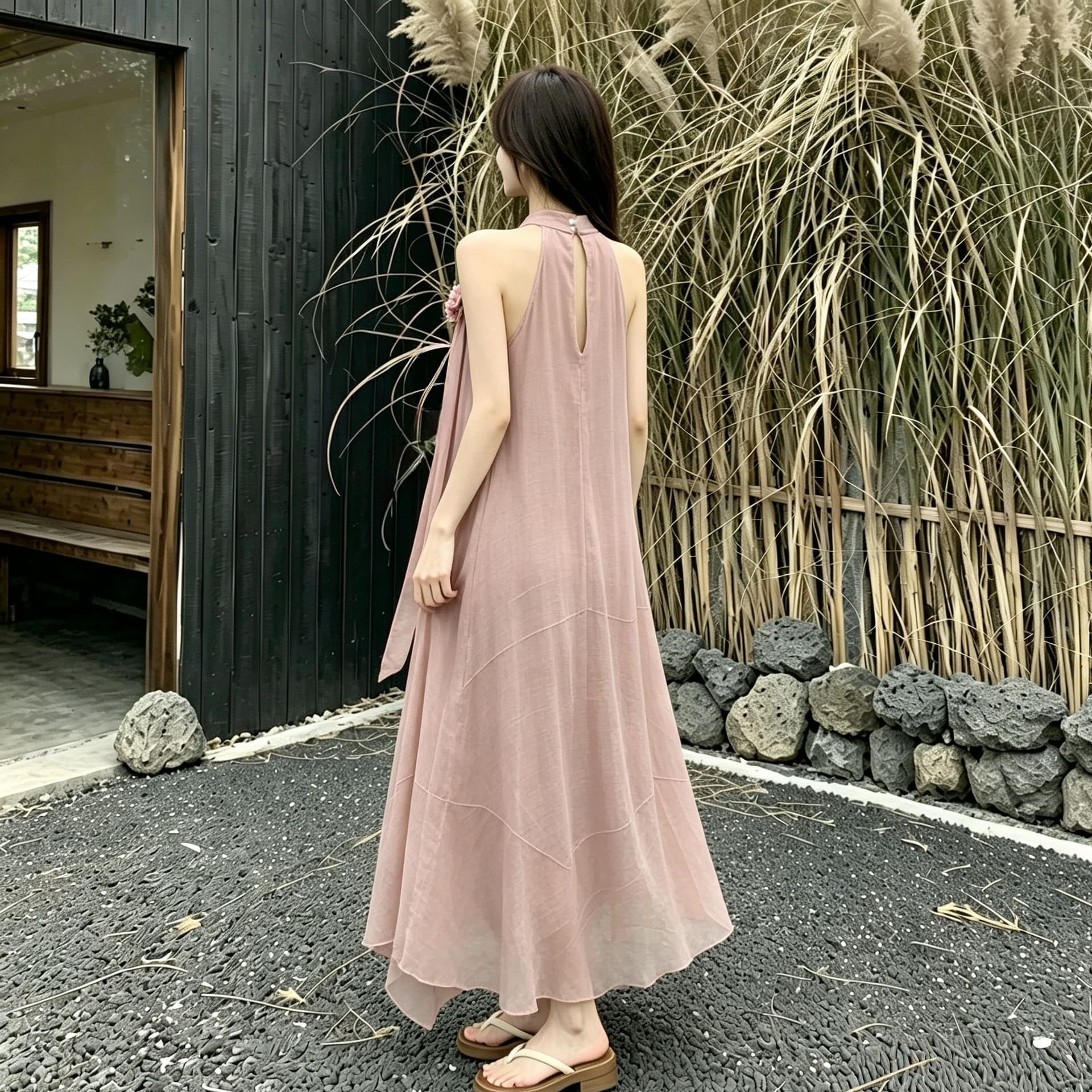 디자인 센스 루즈핏 꽃 행침 목 민소매 드레스 여름 부드러운 바람 프랑스식 오프숄더 치마 롱 스커트 상세 이미지 11