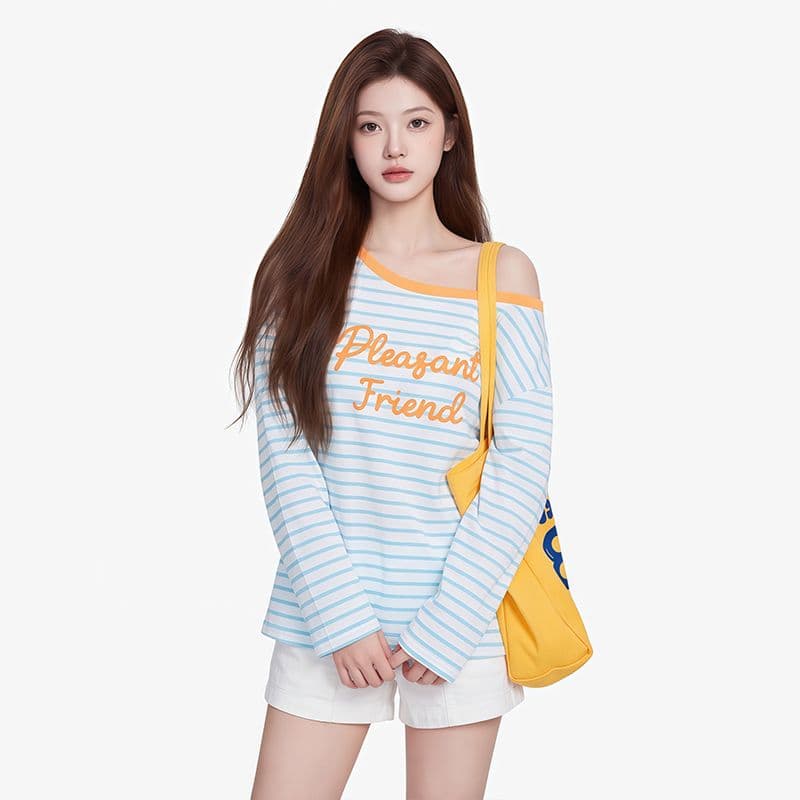 한 부서 느긋한 캐주얼 바람 블루 화이트 스트라이프 긴팔 티셔츠 여성 여름 새로운 라운드 넥 루즈핏 다용도 슬림해 보이는 티셔츠 맨위 이미지 3