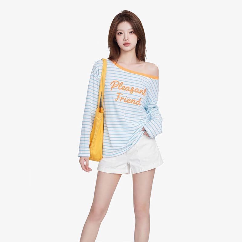 한 부서 느긋한 캐주얼 바람 블루 화이트 스트라이프 긴팔 티셔츠 여성 여름 새로운 라운드 넥 루즈핏 다용도 슬림해 보이는 티셔츠 맨위 이미지 2