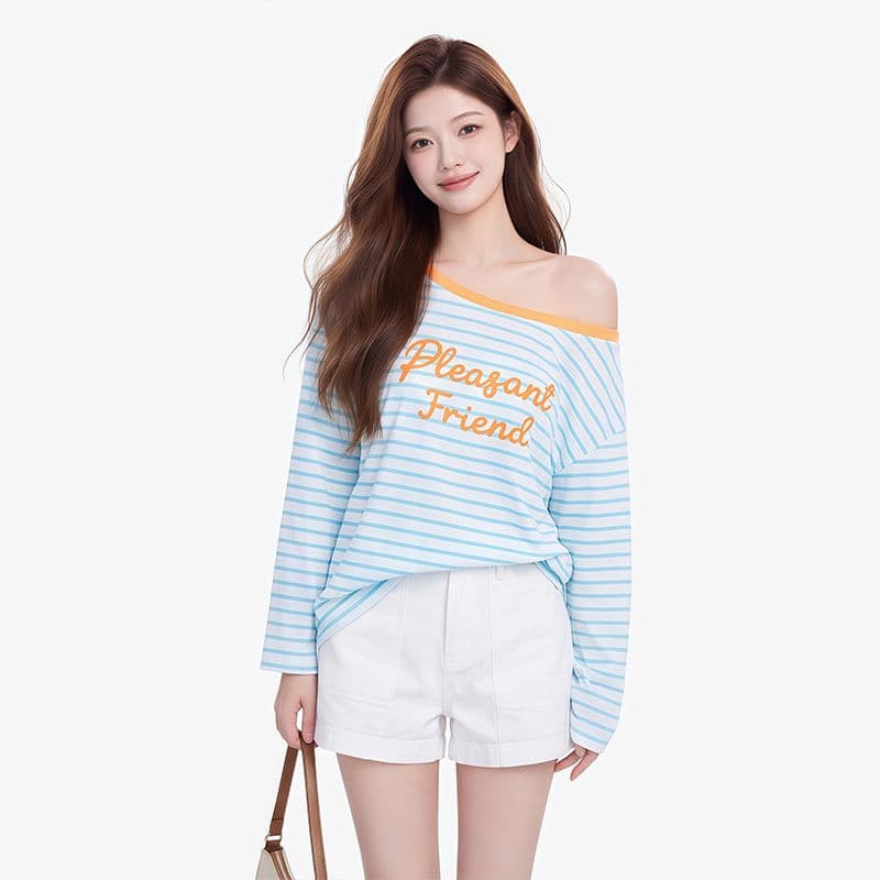 한 부서 느긋한 캐주얼 바람 블루 화이트 스트라이프 긴팔 티셔츠 여성 여름 새로운 라운드 넥 루즈핏 다용도 슬림해 보이는 티셔츠 맨위 이미지 4