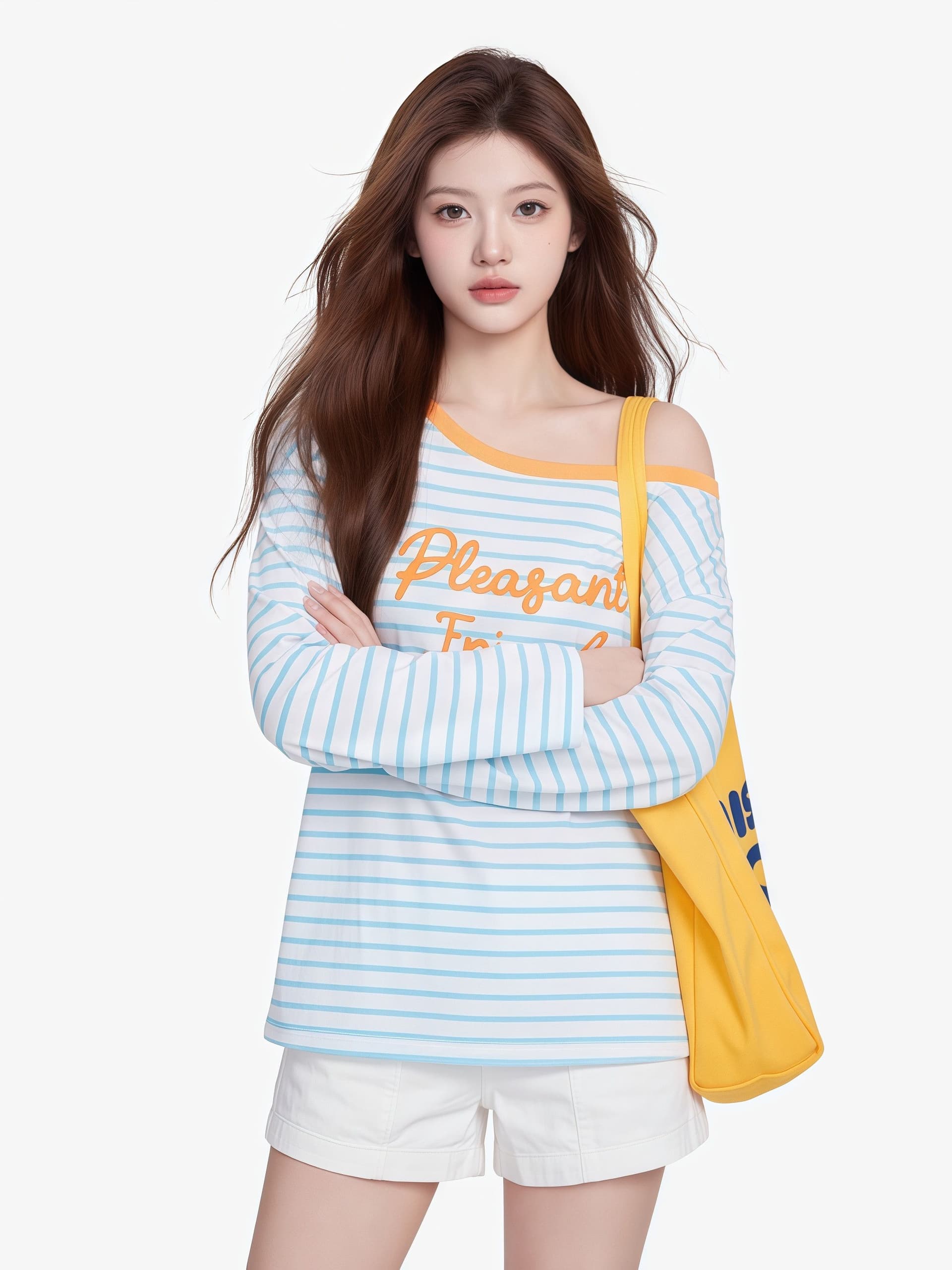 한 부서 느긋한 캐주얼 바람 블루 화이트 스트라이프 긴팔 티셔츠 여성 여름 새로운 라운드 넥 루즈핏 다용도 슬림해 보이는 티셔츠 맨위 상세 이미지 1