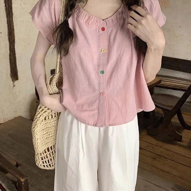 원본 솜씨 색상 버클 반팔 셔츠 2026 새로운 여성 여름 작은 키 V넥 Feifei 소매 Chic 맨위 상세 이미지 9