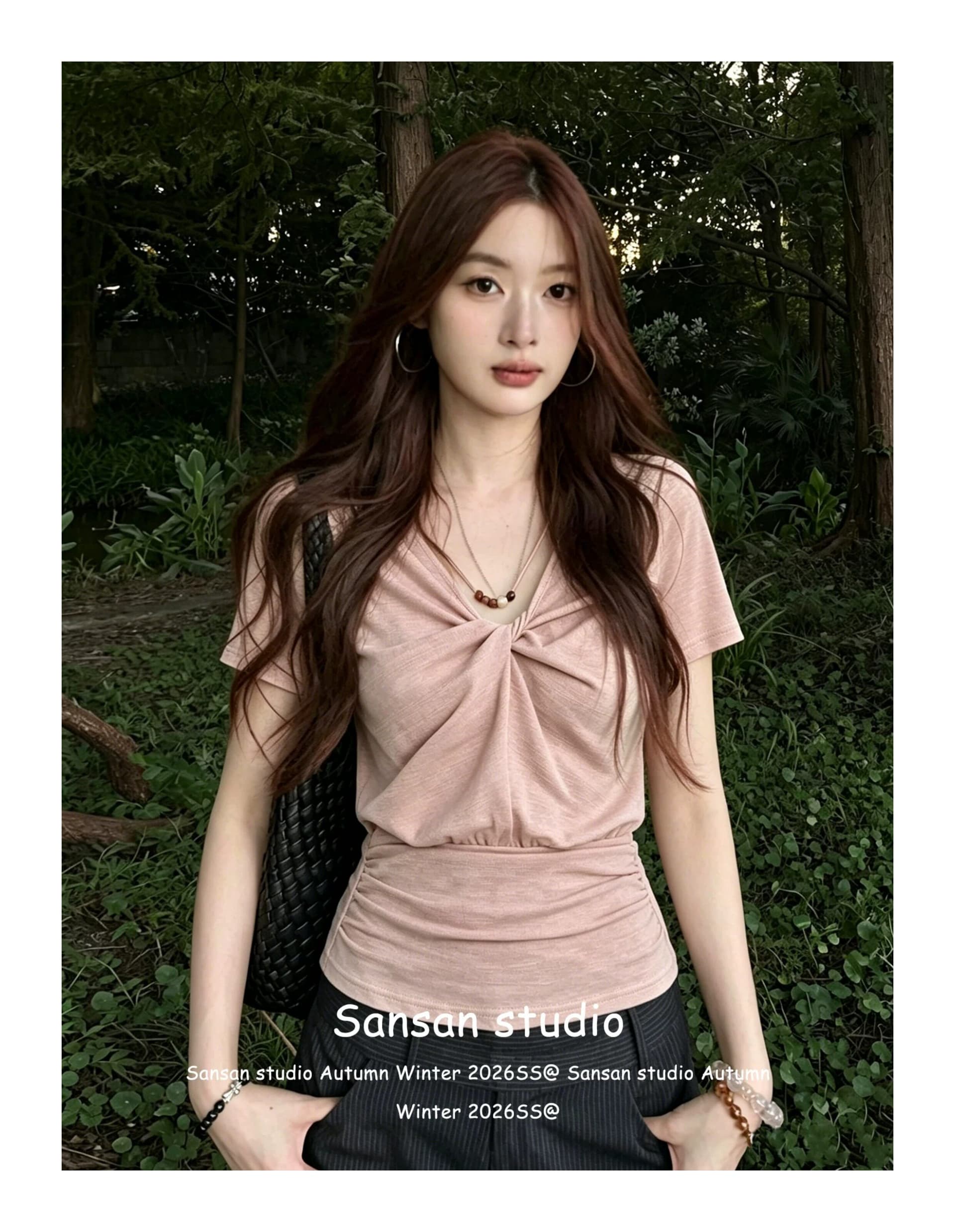 원본 원단 한 부서 비즈 V넥 반팔 여성 여름 비틀림 긍정적 인 어깨 티셔츠 허리 수축 슬림해 보이는 핫걸 맨위 상세 이미지 2