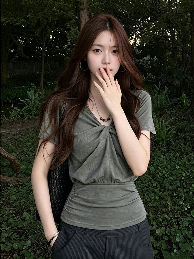 원본 원단 한 부서 비즈 V넥 반팔 여성 여름 비틀림 긍정적 인 어깨 티셔츠 허리 수축 슬림해 보이는 핫걸 맨위 상세 이미지 9