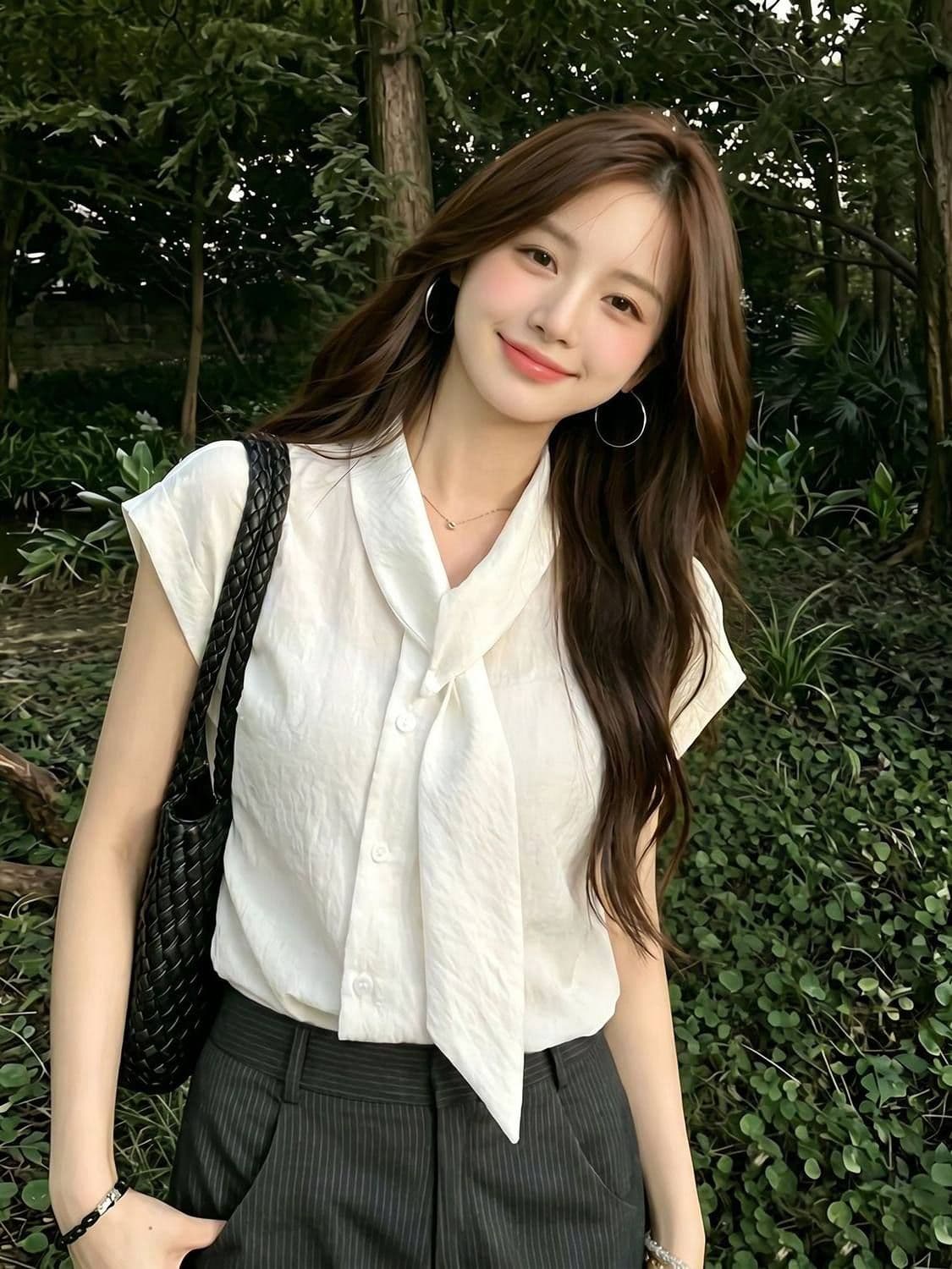 폴리 에스터 브로케이드 주름 트렌드 패션 품격 화이트 민소매 여성 셔츠 봄 여름 하이웨이스트 슬림해 보이는 캐주얼 맨위 상세 이미지 7