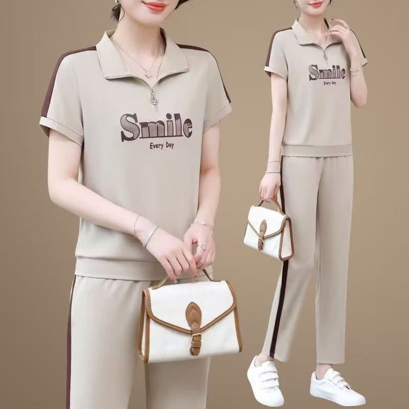 패션 폴로 칼라 스포츠 슈트 2026 여름 작은 키 다용도 품격 연령 감소 캐주얼 슬림해 보이는 어머니 드레스 세트 이미지 2