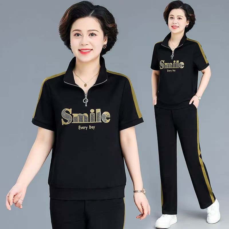 패션 폴로 칼라 스포츠 슈트 2026 여름 작은 키 다용도 품격 연령 감소 캐주얼 슬림해 보이는 어머니 드레스 세트 이미지 3