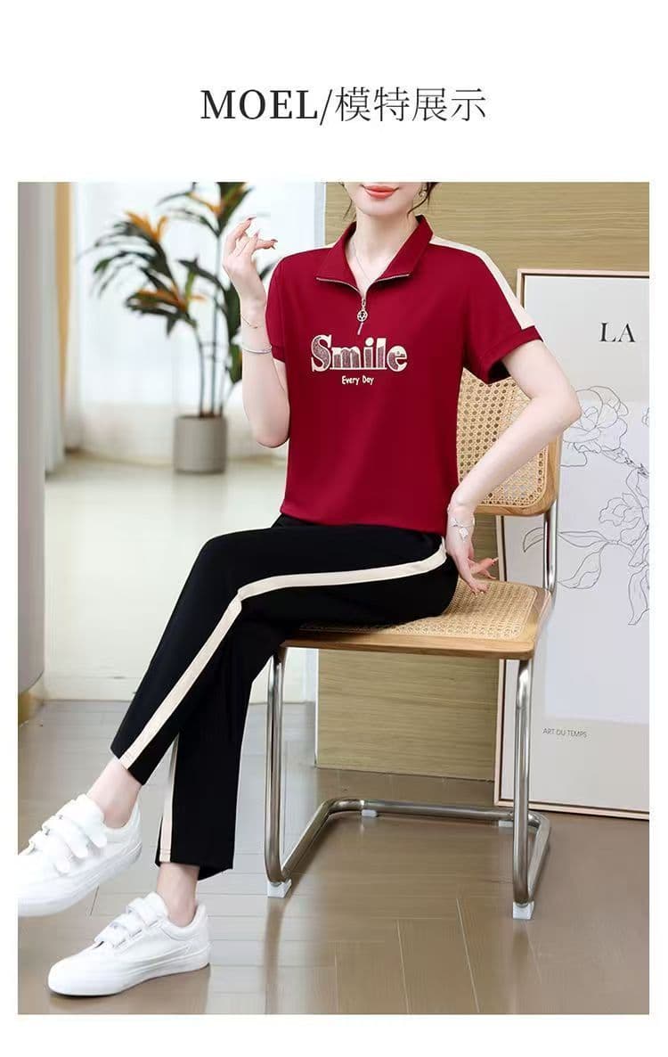 패션 폴로 칼라 스포츠 슈트 2026 여름 작은 키 다용도 품격 연령 감소 캐주얼 슬림해 보이는 어머니 드레스 세트 상세 이미지 3