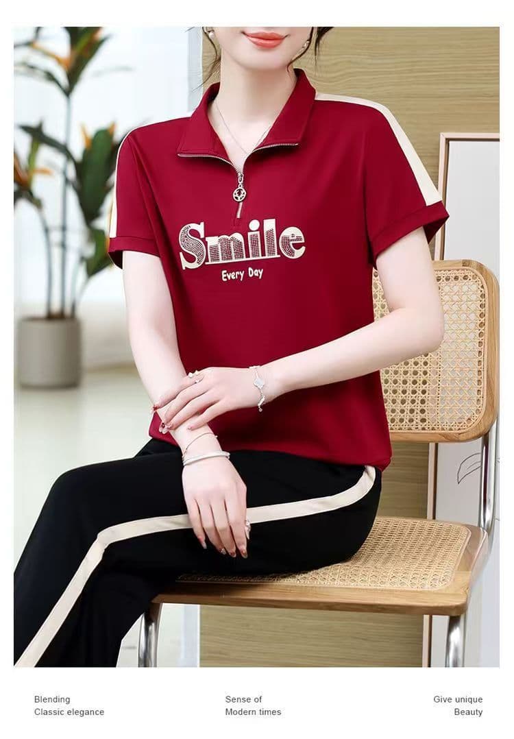 패션 폴로 칼라 스포츠 슈트 2026 여름 작은 키 다용도 품격 연령 감소 캐주얼 슬림해 보이는 어머니 드레스 세트 상세 이미지 5
