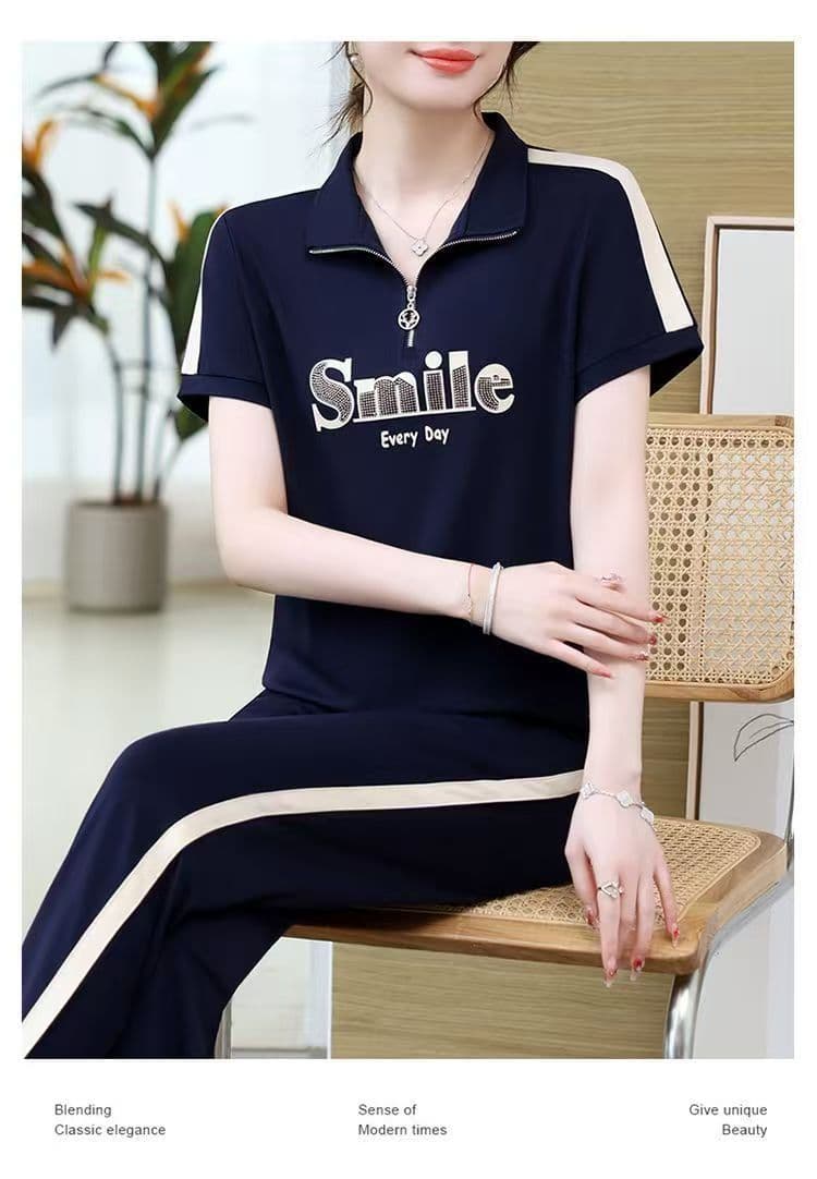 패션 폴로 칼라 스포츠 슈트 2026 여름 작은 키 다용도 품격 연령 감소 캐주얼 슬림해 보이는 어머니 드레스 세트 상세 이미지 11