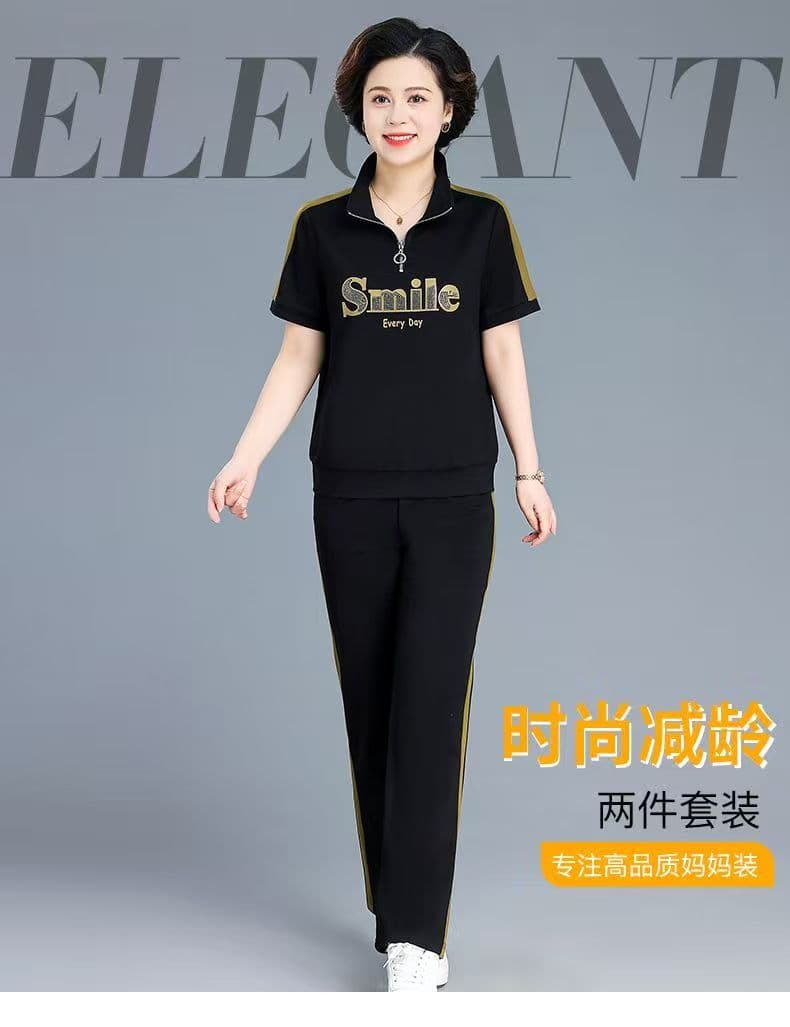 패션 폴로 칼라 스포츠 슈트 2026 여름 작은 키 다용도 품격 연령 감소 캐주얼 슬림해 보이는 어머니 드레스 세트 상세 이미지 12
