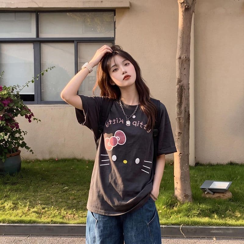 여름 새로운 만화 새끼 고양이 프린트 반팔 티셔츠 여성 루즈핏 섹션 다용도 연령 감소 티셔츠 맨위 이미지 2