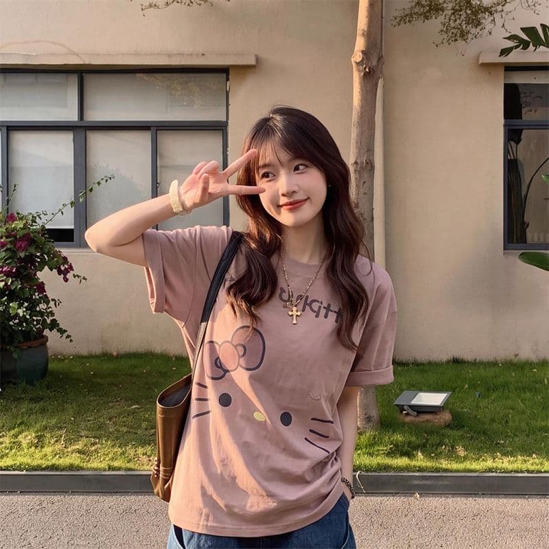 여름 새로운 만화 새끼 고양이 프린트 반팔 티셔츠 여성 루즈핏 섹션 다용도 연령 감소 티셔츠 맨위 상세 이미지 6