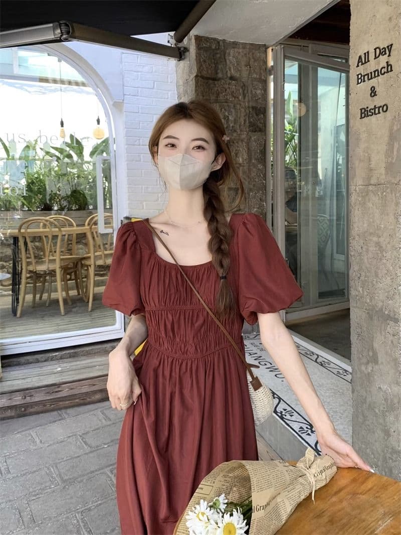 고급 센스 작은 대중 파란색 광장 칼라 반팔 여성 드레스 여름 2026 새로운 주름 허리 수축 달콤함 길다 치마 상세 이미지 3