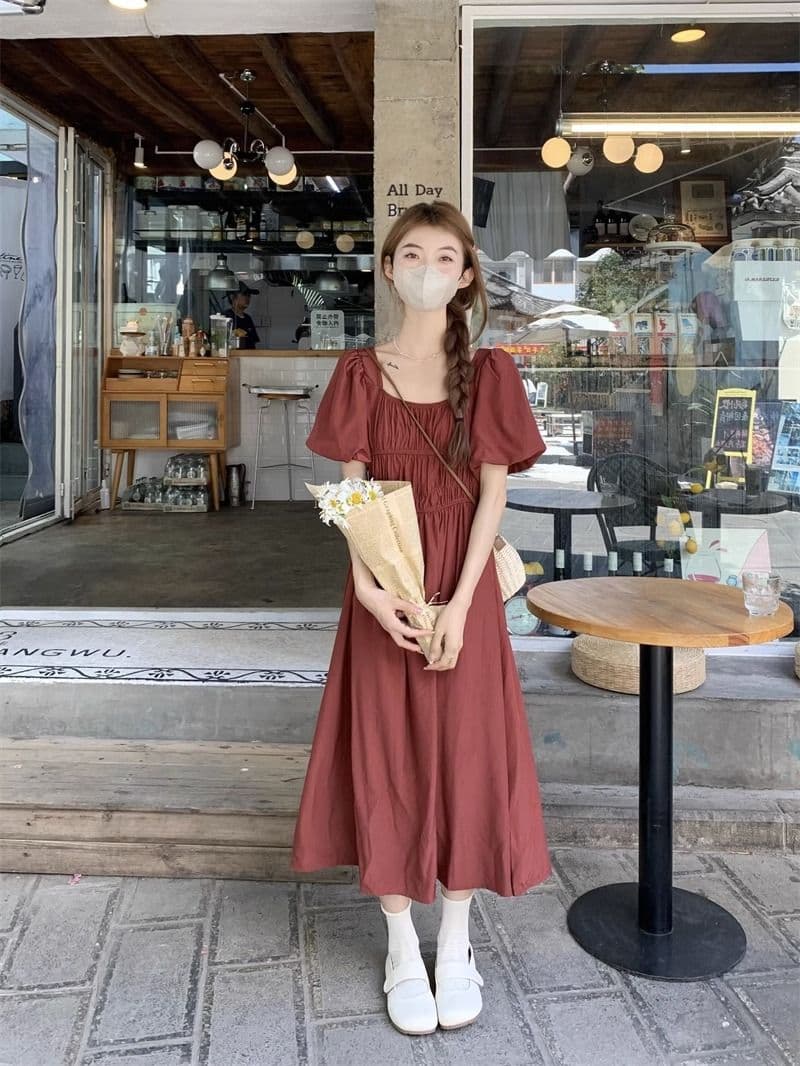 고급 센스 작은 대중 파란색 광장 칼라 반팔 여성 드레스 여름 2026 새로운 주름 허리 수축 달콤함 길다 치마 상세 이미지 4
