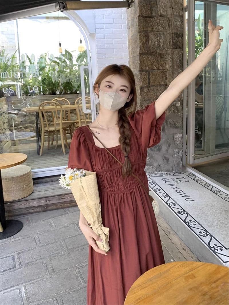 고급 센스 작은 대중 파란색 광장 칼라 반팔 여성 드레스 여름 2026 새로운 주름 허리 수축 달콤함 길다 치마 상세 이미지 5