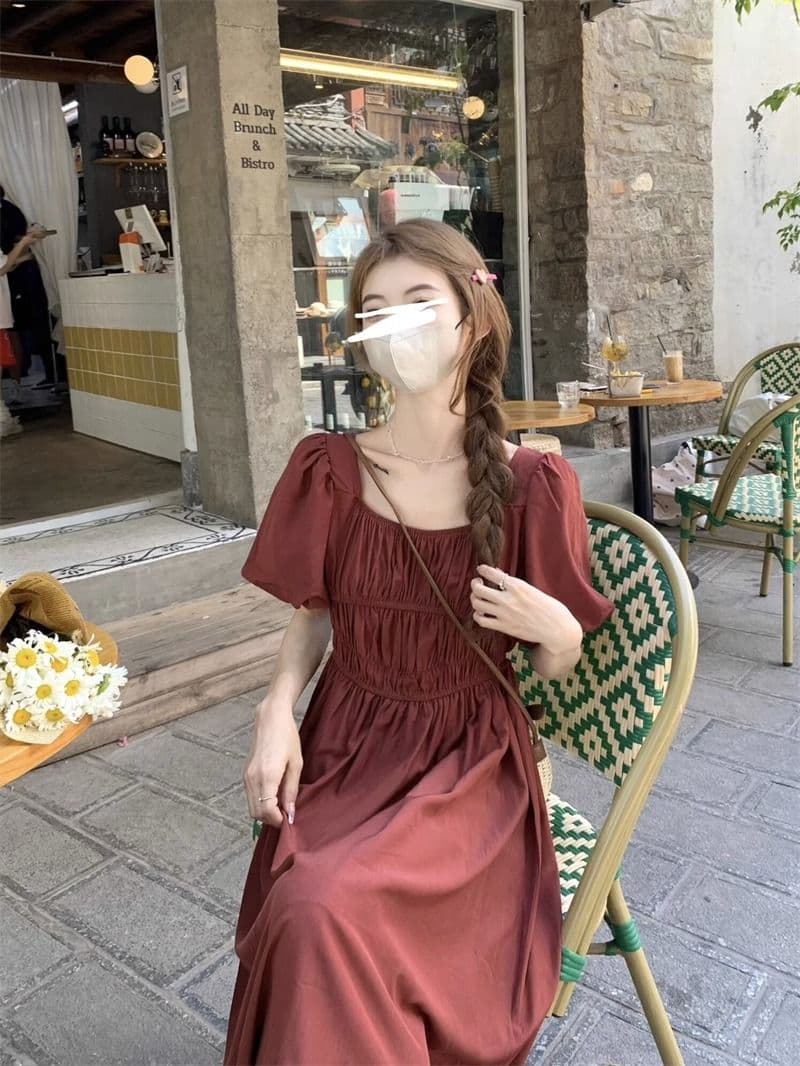 고급 센스 작은 대중 파란색 광장 칼라 반팔 여성 드레스 여름 2026 새로운 주름 허리 수축 달콤함 길다 치마 상세 이미지 7
