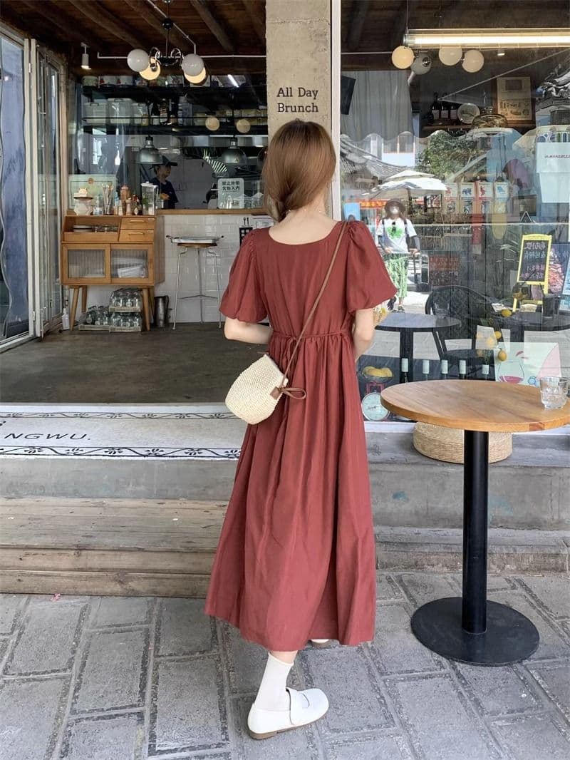 고급 센스 작은 대중 파란색 광장 칼라 반팔 여성 드레스 여름 2026 새로운 주름 허리 수축 달콤함 길다 치마 상세 이미지 9