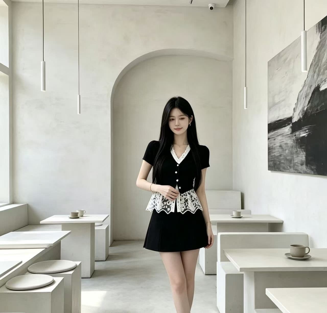 2026 패션 세트 여성 여름 새로운 슬림해 보이는 페이크 레이어드 V넥 맨위 티셔츠 반신 짧은 치마 투피스 세트 상세 이미지 4