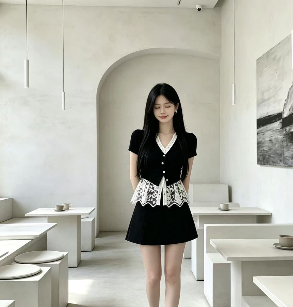 2026 패션 세트 여성 여름 새로운 슬림해 보이는 페이크 레이어드 V넥 맨위 티셔츠 반신 짧은 치마 투피스 세트 상세 이미지 5