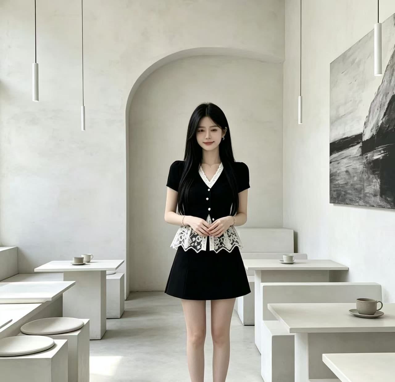 2026 패션 세트 여성 여름 새로운 슬림해 보이는 페이크 레이어드 V넥 맨위 티셔츠 반신 짧은 치마 투피스 세트 상세 이미지 7