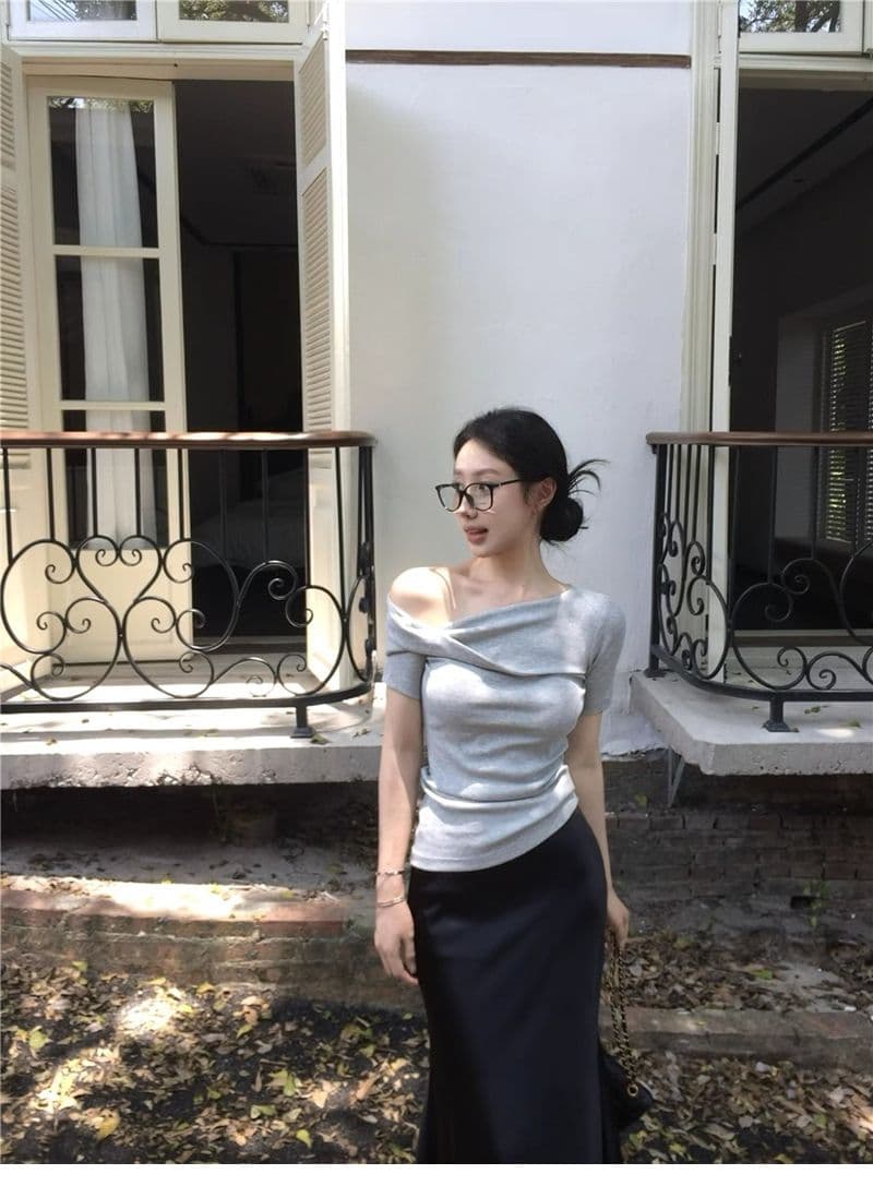 오프숄더 반팔 티셔츠 여성 여름 몸매 가꾸기 다용도 비스듬한 어깨 의류 상세 이미지 6