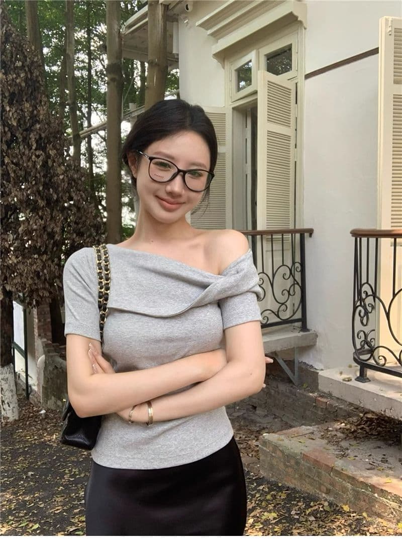 오프숄더 반팔 티셔츠 여성 여름 몸매 가꾸기 다용도 비스듬한 어깨 의류 상세 이미지 8