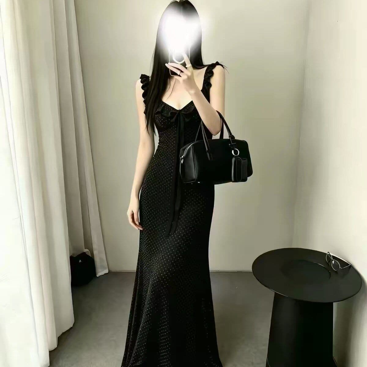 검정색 프랑스식 그는 벤 바람 도트 무늬 여성 드레스 여름 몸매 가꾸기 슬림해 보이는 프랑스식 휴가 바람 무릎 아래 해변가 롱 스커트 이미지 2