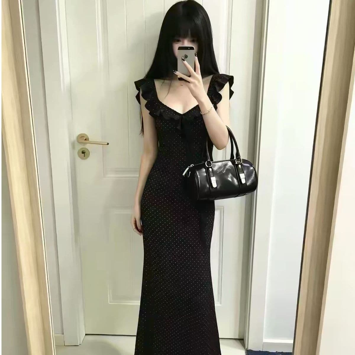 검정색 프랑스식 그는 벤 바람 도트 무늬 여성 드레스 여름 몸매 가꾸기 슬림해 보이는 프랑스식 휴가 바람 무릎 아래 해변가 롱 스커트 이미지 4