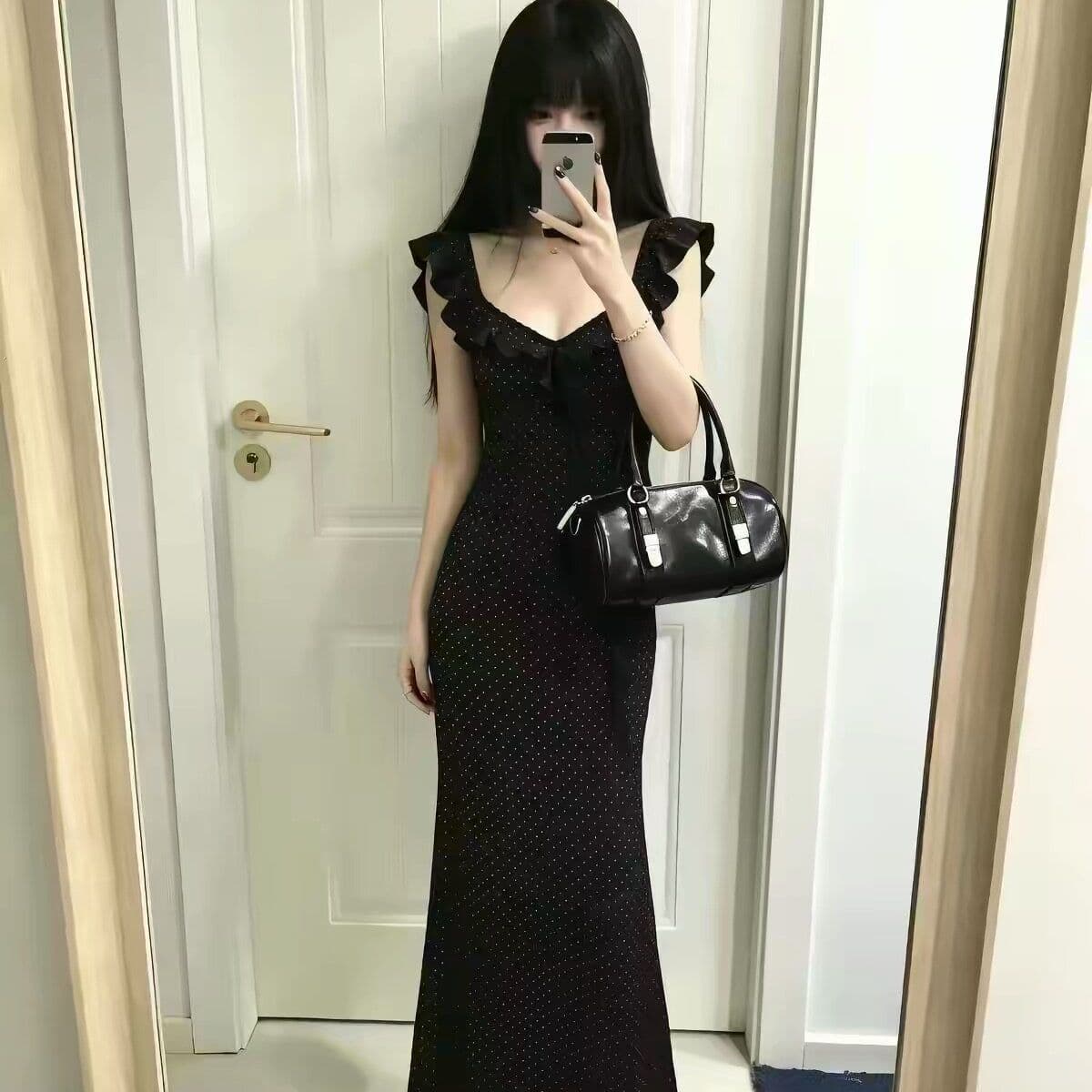 검정색 프랑스식 그는 벤 바람 도트 무늬 여성 드레스 여름 몸매 가꾸기 슬림해 보이는 프랑스식 휴가 바람 무릎 아래 해변가 롱 스커트 이미지 5