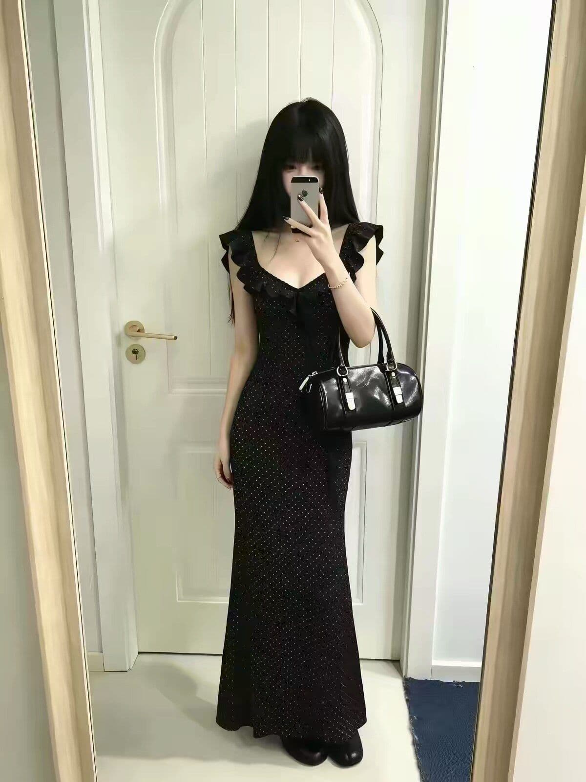 검정색 프랑스식 그는 벤 바람 도트 무늬 여성 드레스 여름 몸매 가꾸기 슬림해 보이는 프랑스식 휴가 바람 무릎 아래 해변가 롱 스커트 상세 이미지 3
