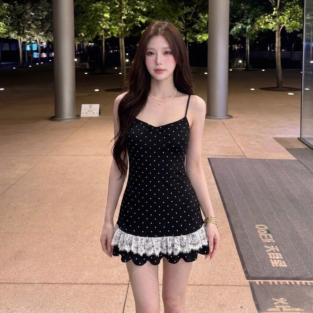 레트로 블랙 하단 도트 무늬 슬립 여성 드레스 여름 V넥 레이스 조각 연꽃 잎 밑단 몸매 가꾸기 핫걸 미니 스커트 h
