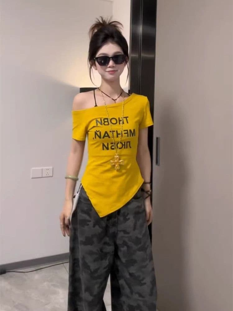 한 부서 핫걸 알파벳 프린트 비스듬한 어깨 반팔 티셔츠 여성 여름 스트랩 허리 수축 디자인 센스 순수한 욕망 섹시함 맨위 상세 이미지 5