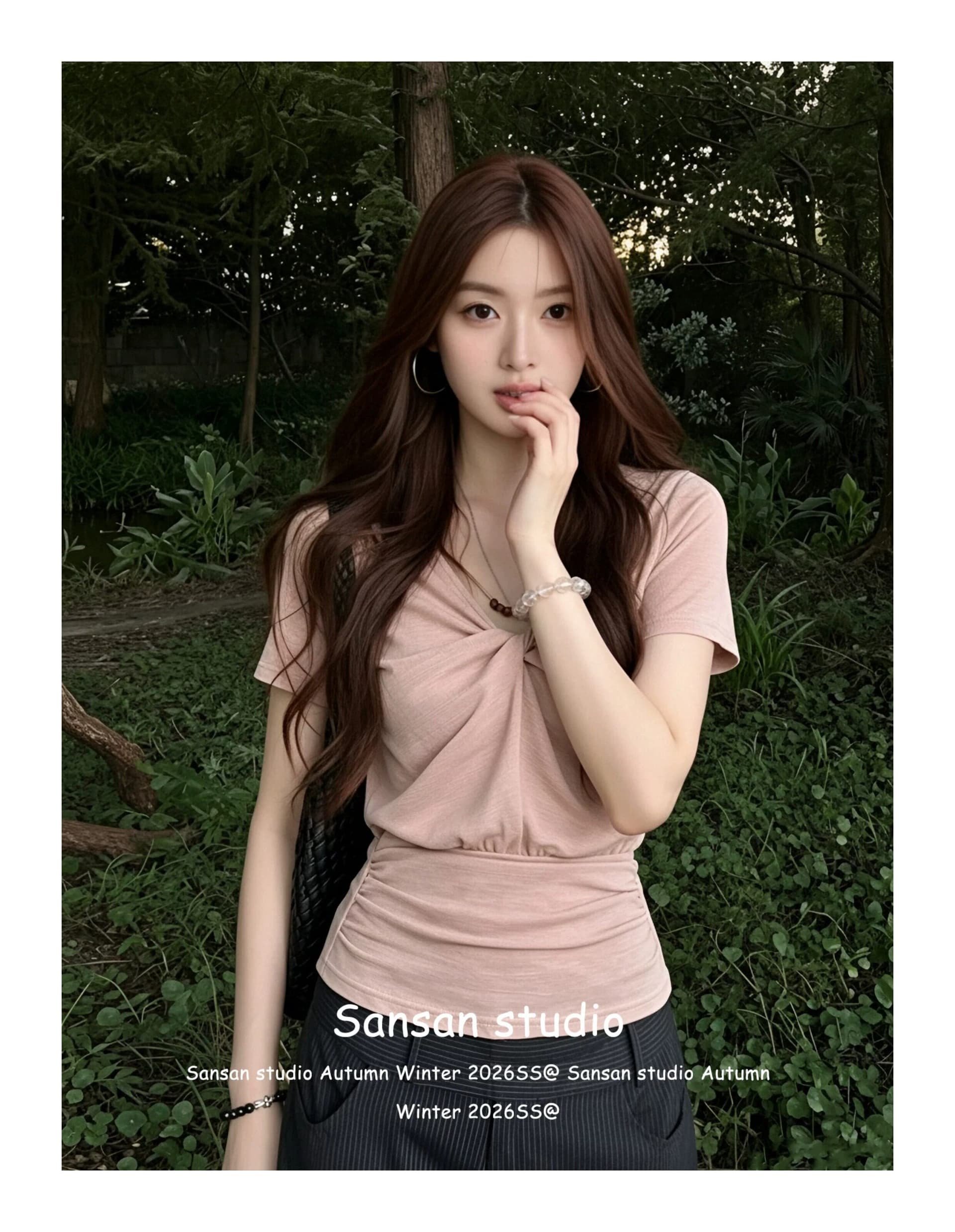 원본 원단 한 부서 비즈 V넥 반팔 여성 여름 비틀림 긍정적 인 어깨 티셔츠 허리 수축 슬림해 보이는 핫걸 맨위 상세 이미지 3