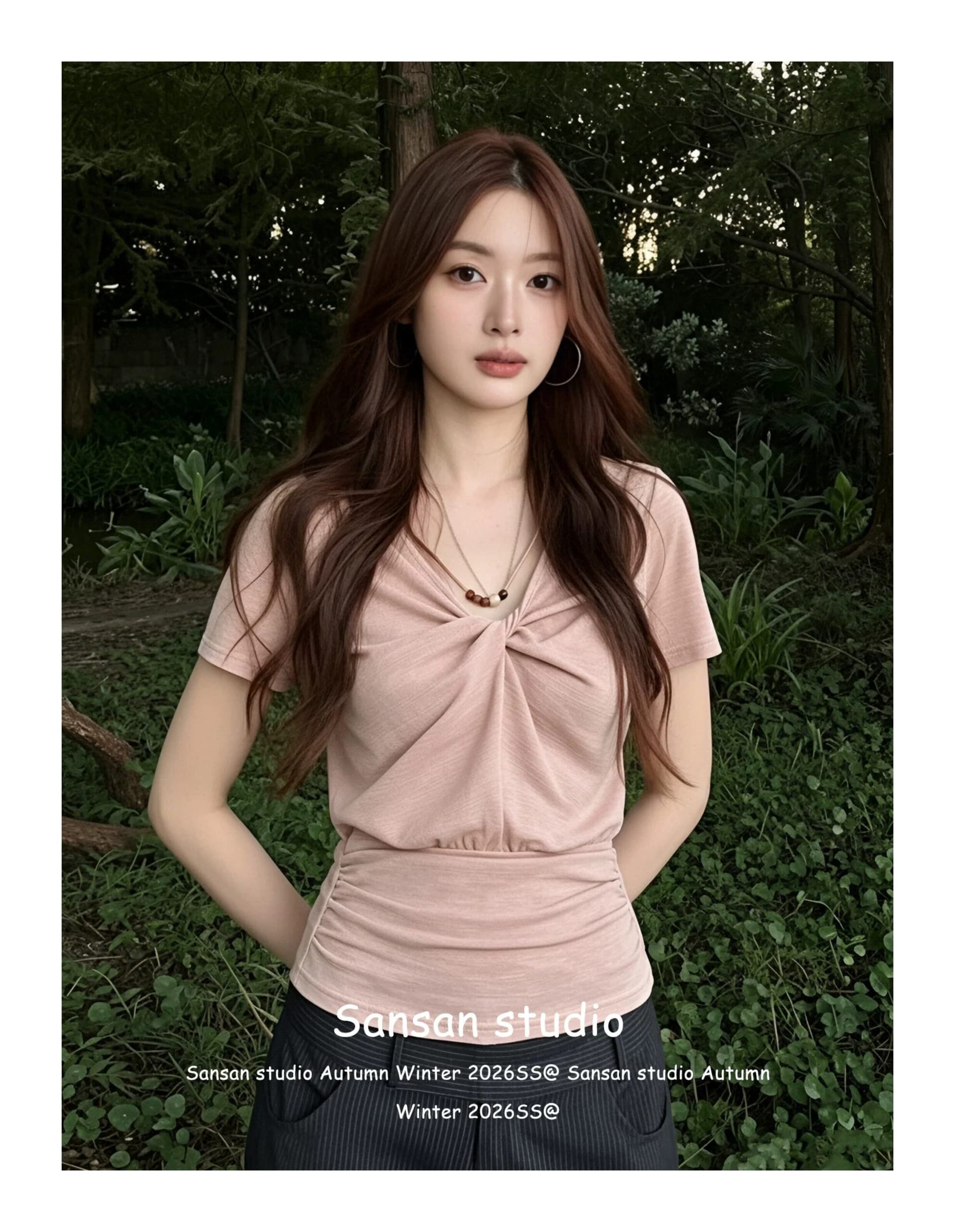 원본 원단 한 부서 비즈 V넥 반팔 여성 여름 비틀림 긍정적 인 어깨 티셔츠 허리 수축 슬림해 보이는 핫걸 맨위 상세 이미지 4