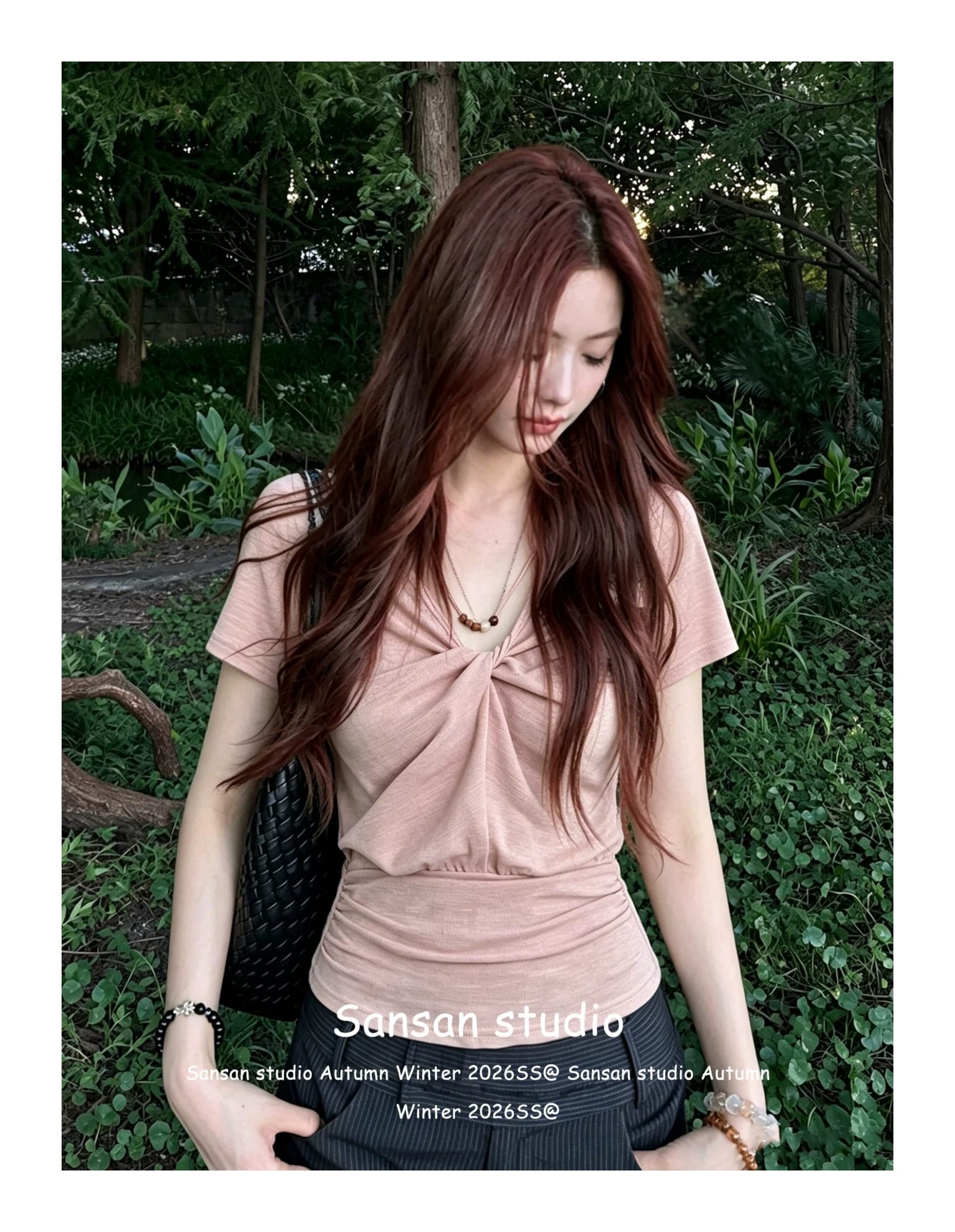 원본 원단 한 부서 비즈 V넥 반팔 여성 여름 비틀림 긍정적 인 어깨 티셔츠 허리 수축 슬림해 보이는 핫걸 맨위 상세 이미지 5