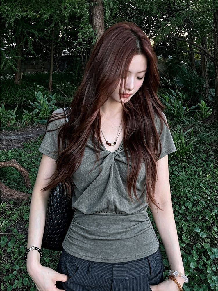 원본 원단 한 부서 비즈 V넥 반팔 여성 여름 비틀림 긍정적 인 어깨 티셔츠 허리 수축 슬림해 보이는 핫걸 맨위 상세 이미지 7