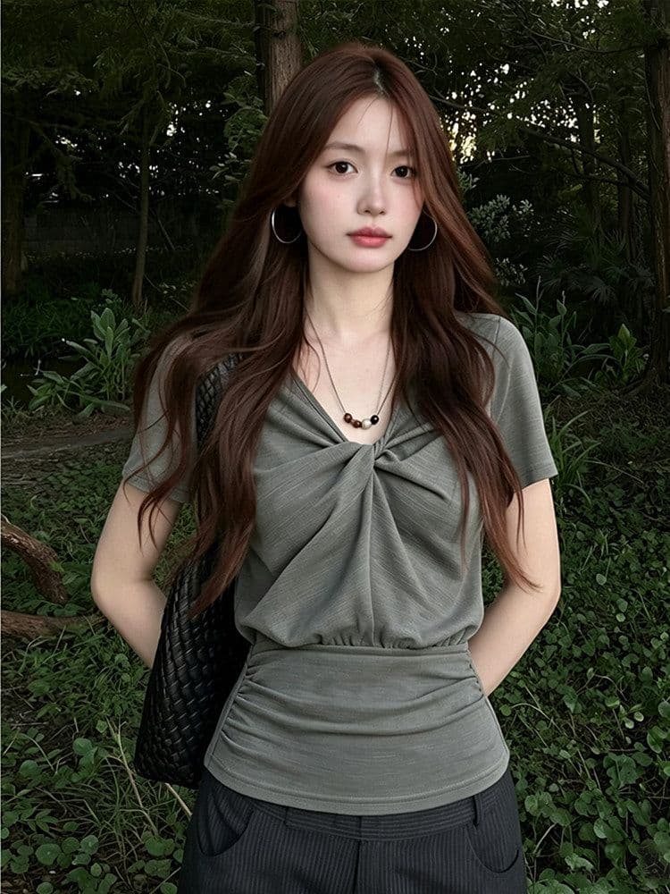 원본 원단 한 부서 비즈 V넥 반팔 여성 여름 비틀림 긍정적 인 어깨 티셔츠 허리 수축 슬림해 보이는 핫걸 맨위 상세 이미지 8