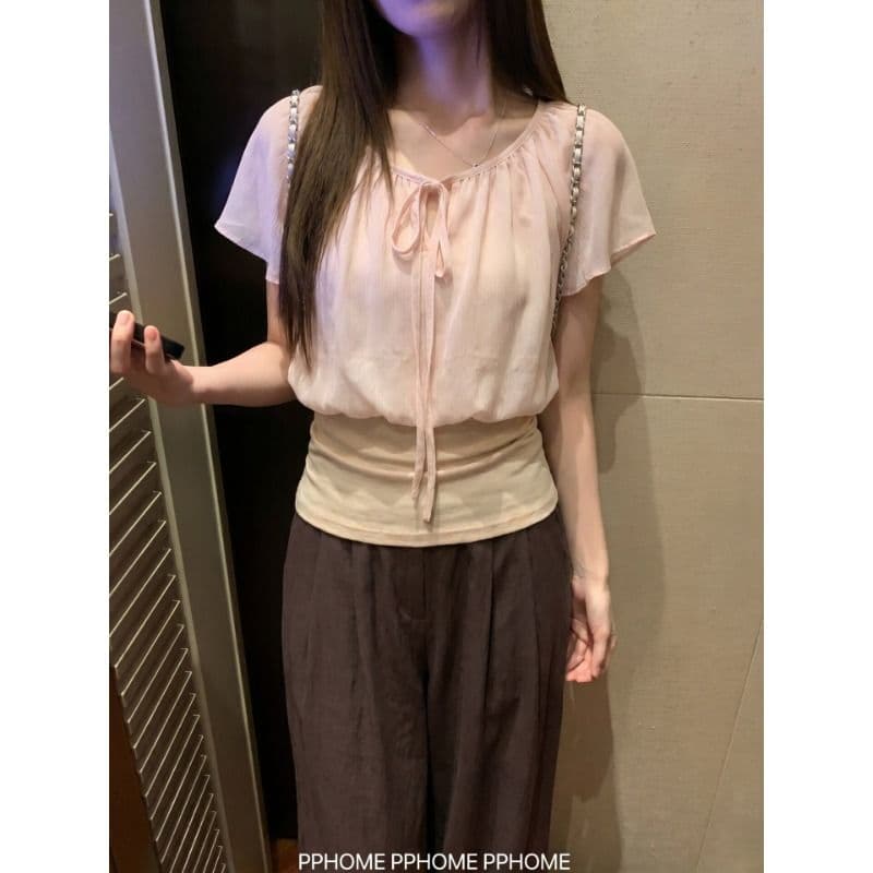 좋은 면 싸움 쉬폰 주름 페이크 레이어드 패치워크 레이스업 V넥 연꽃 잎 소매 여성 셔츠 여름 허리 수축 슬림해 보이는 맨위