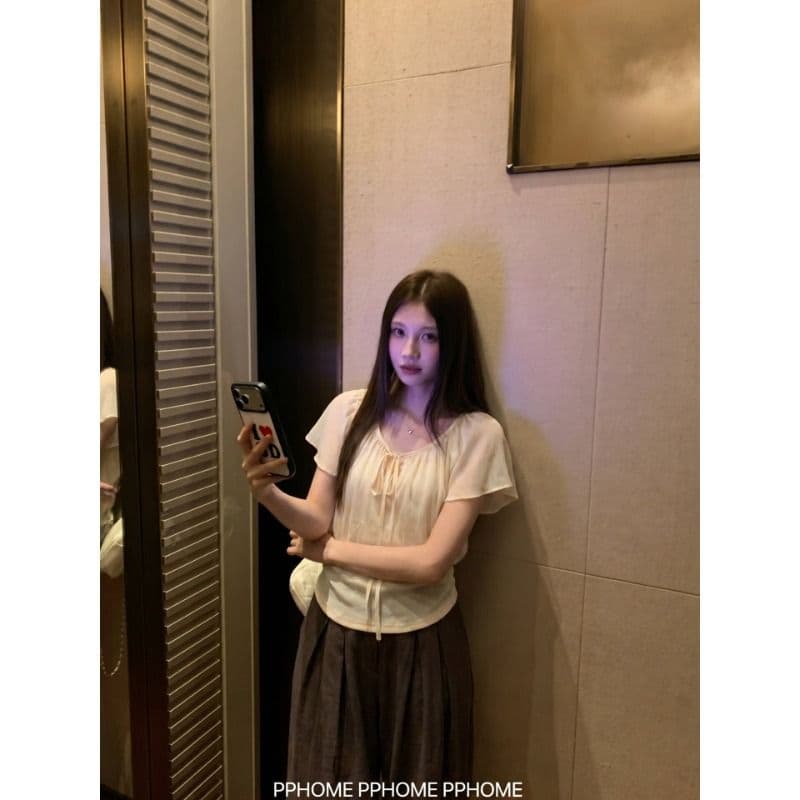 좋은 면 싸움 쉬폰 주름 페이크 레이어드 패치워크 레이스업 V넥 연꽃 잎 소매 여성 셔츠 여름 허리 수축 슬림해 보이는 맨위 이미지 2
