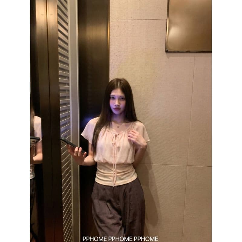 좋은 면 싸움 쉬폰 주름 페이크 레이어드 패치워크 레이스업 V넥 연꽃 잎 소매 여성 셔츠 여름 허리 수축 슬림해 보이는 맨위 이미지 5