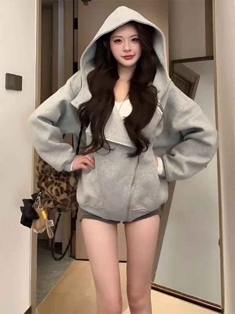 후아 면 복합 다시 차가운 다시 바람의 소리 불규칙 더블 지퍼 느긋한 후드 티 스웨터 한국 스타일 털이 있는 작은 대중 재킷