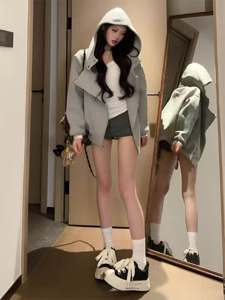 후아 면 복합 다시 차가운 다시 바람의 소리 불규칙 더블 지퍼 느긋한 후드 티 스웨터 한국 스타일 털이 있는 작은 대중 재킷 상세 이미지 1